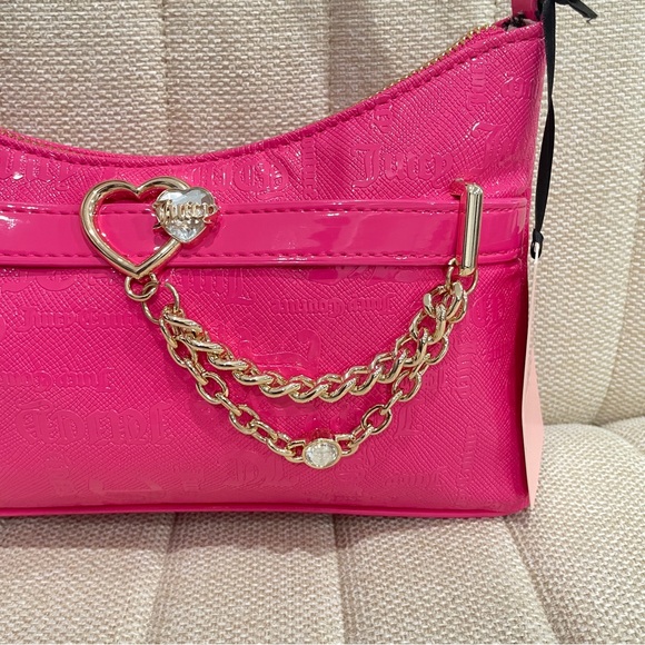NEW Juicy Couture Pink Flash Open Heart Shoulder Bag Patent Leather Logo‎ Print - Picture 3 of 6
